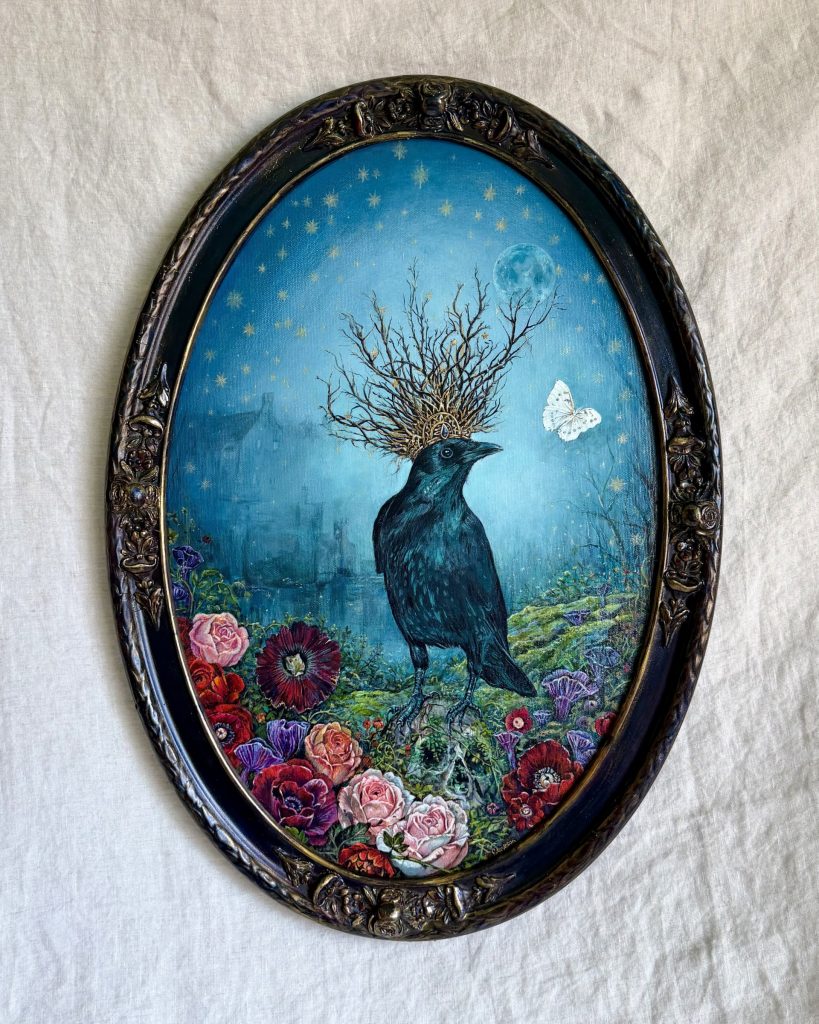 The Humble King detail - painted roses and florals at the base of the piece