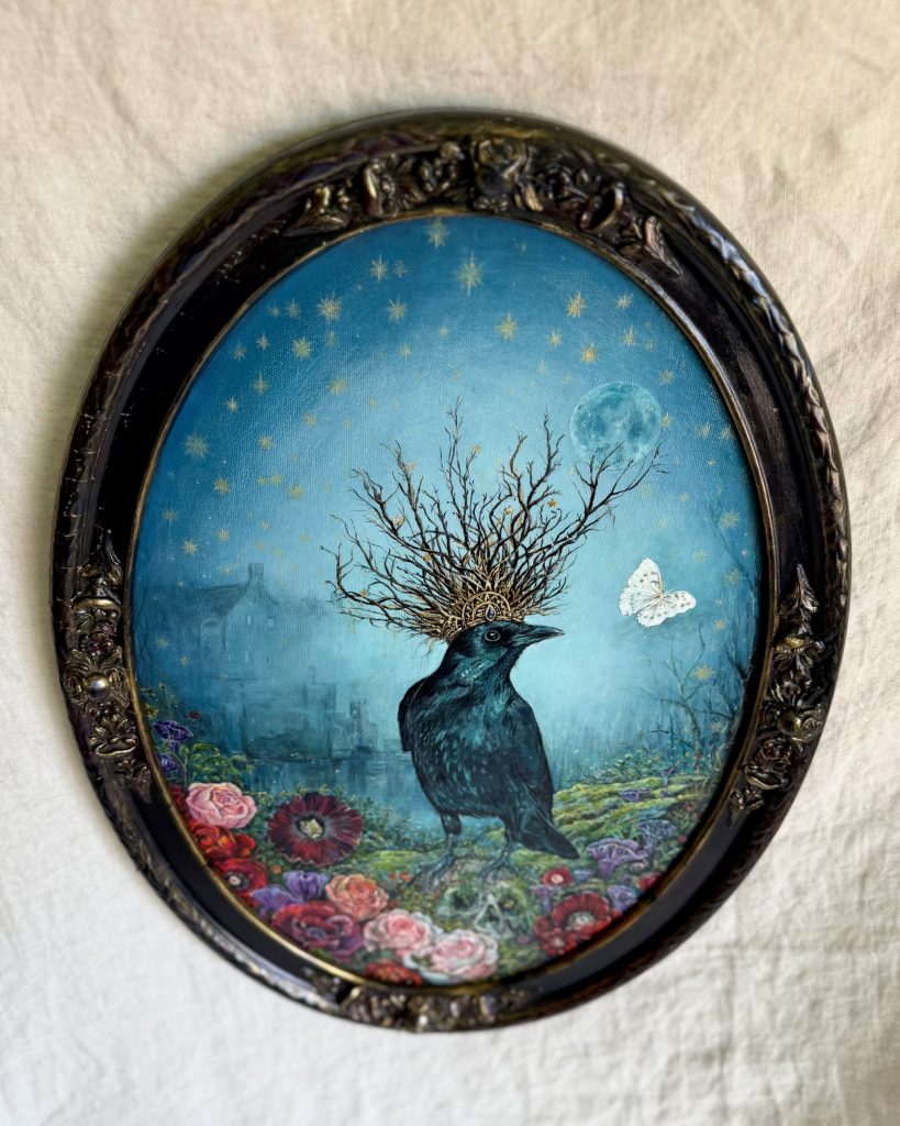 The Humble King detail - raven's crowned head with winter branch antlers