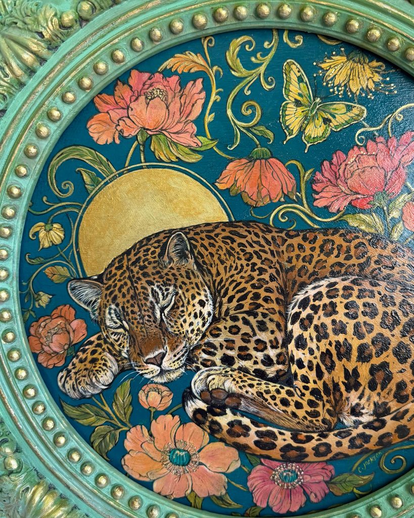 Sweet Dreams detail - close view of the sleeping leopard and poppies