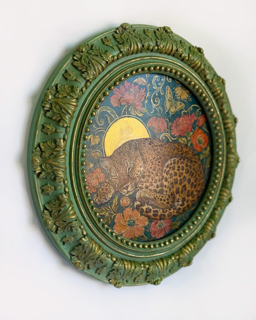 Sweet Dreams detail - carved frame edge and gold leaf accents